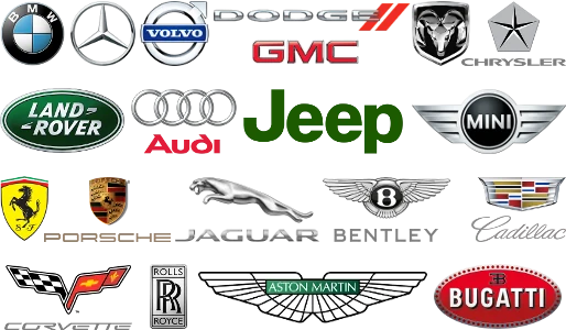 Logotipos: BMW, Mercedes-Benz, Volvo, Dodge, GMC, RAM, Chrysler, Land Rover, Audi, Jeep, MINI, Ferrari, Porsche, Jaguar, Bentley, Cadillac, Corvette, Rolls-Royce, Aston Martin y Bugatti