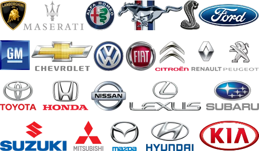 Logotipos: Lamborghini, Maserati, Alfa Romeo, Ford Mustang, Shelby, Ford, GM, Chevrolet, Volkswagen, Fiat, Citroën, Renault, Peugeot, Toyota, Honda, Nissan, Lexus, Subaru, Suzuki, Mitsubishi, Mazda, Hyundai y Kia